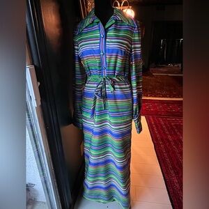 Vintage Mollie Parnis Striped Multicolor Maxi Dress with tie belt size 6
